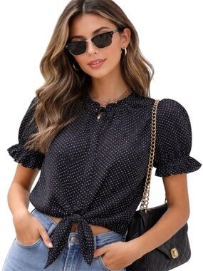 Haver London Polka Dot Button Down Blouse Front Tie Black White Medium